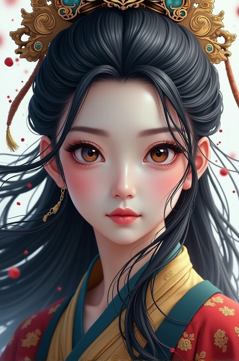 1 girl, beautiful detailed eyes, beautiful detailed lips, extremely detailed eyes and face, long eyelashes, elegant chinese armor, close up portrait, flowing black hair, traditional chinese hanfu dress, frontal view, (best quality,4k,8k,highres,masterpiece:1.2),ultra-detailed,(realistic,photorealistic,photo-realistic:1.37),cinematic lighting, dramatic ink splatter effects, white background, (movie poster), weapon