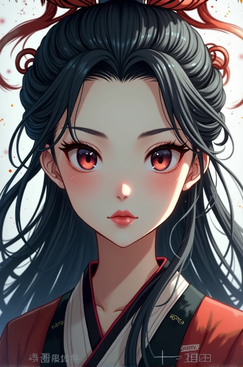 1 girl, beautiful detailed eyes, beautiful detailed lips, extremely detailed eyes and face, long eyelashes, elegant chinese armor, close up portrait, flowing black hair, traditional chinese hanfu dress, frontal view, (best quality,4k,8k,highres,masterpiece:1.2),ultra-detailed,(realistic,photorealistic,photo-realistic:1.37),cinematic lighting, dramatic ink splatter effects, white background, (movie poster), weapon
