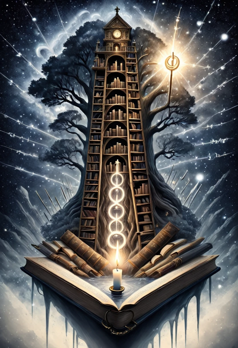 create a realistic drawing !Crystal with reflection of the Universe, Man in the Maze, Tree of knowledge, River of Time, Candle in the dark, star, books, compass, key, ladder