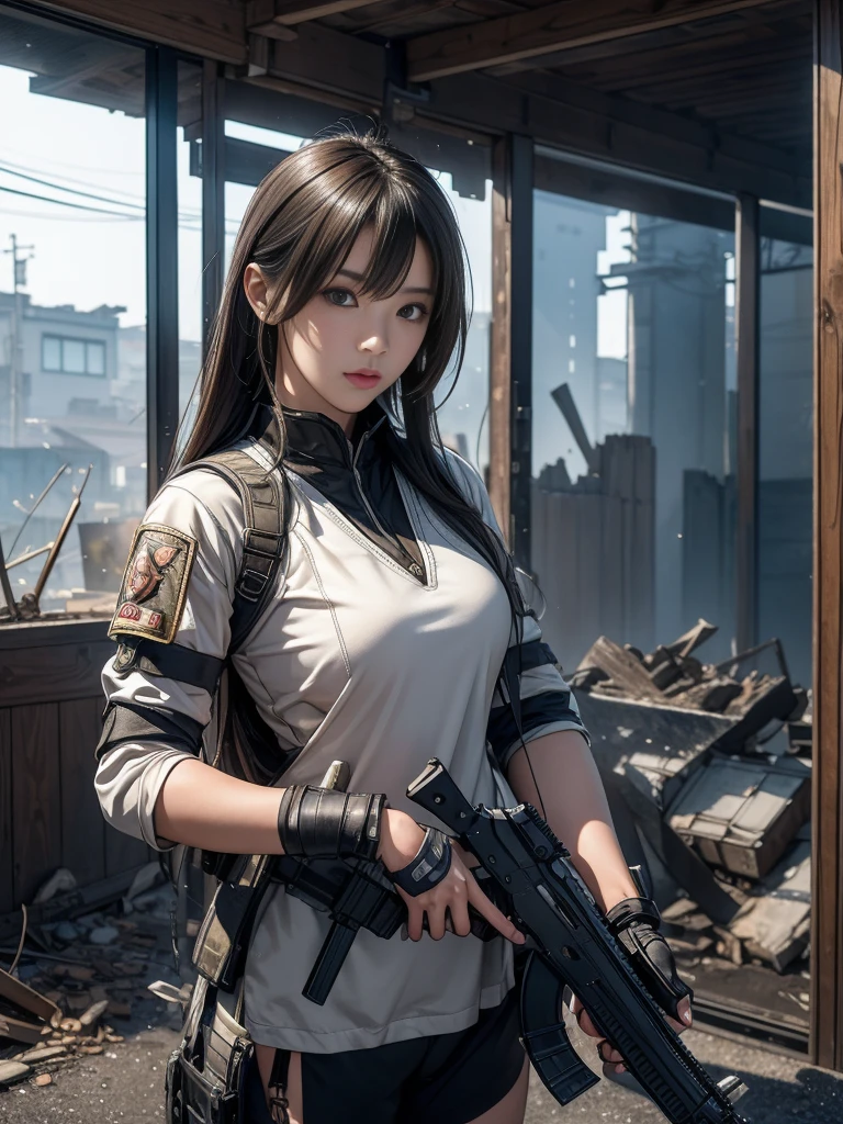 Standing strong amid the chaos of urban warfare、Extremely realistic detail of a Japanese girl in armor、A breathtaking photorealistic masterpiece。Framed in expansive 16k ultra-high resolution, this stunning image、Showing her ultimate cute face with delicate features and smooth ultimate RAW skin。Her eyes sparkle with determination as she holds her assault rifle against a backdrop of destruction.。The machine&#39;s armor glitters under the intense light.、Casts realistic shadows that make the image appear to jump out of the screen。The overall composition is a testament to Special Forces training.、A girl&#39;s entire body is on display in all its mechanized glory。