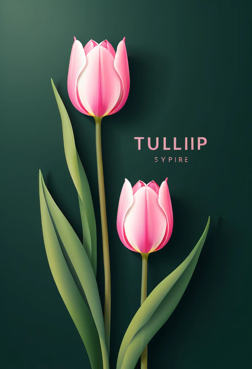 The cover design has the word tulip and two light pink tulips in the middle and lower corners. (Background dark green)Vector graphic design. 精緻 close up 精巧構圖(close up) Flat style vector art, Flat vector art uses simplicity in vector art、 Pure expression，Highlight simplicity and clarity of form， Bring simplicity and modernity to your work