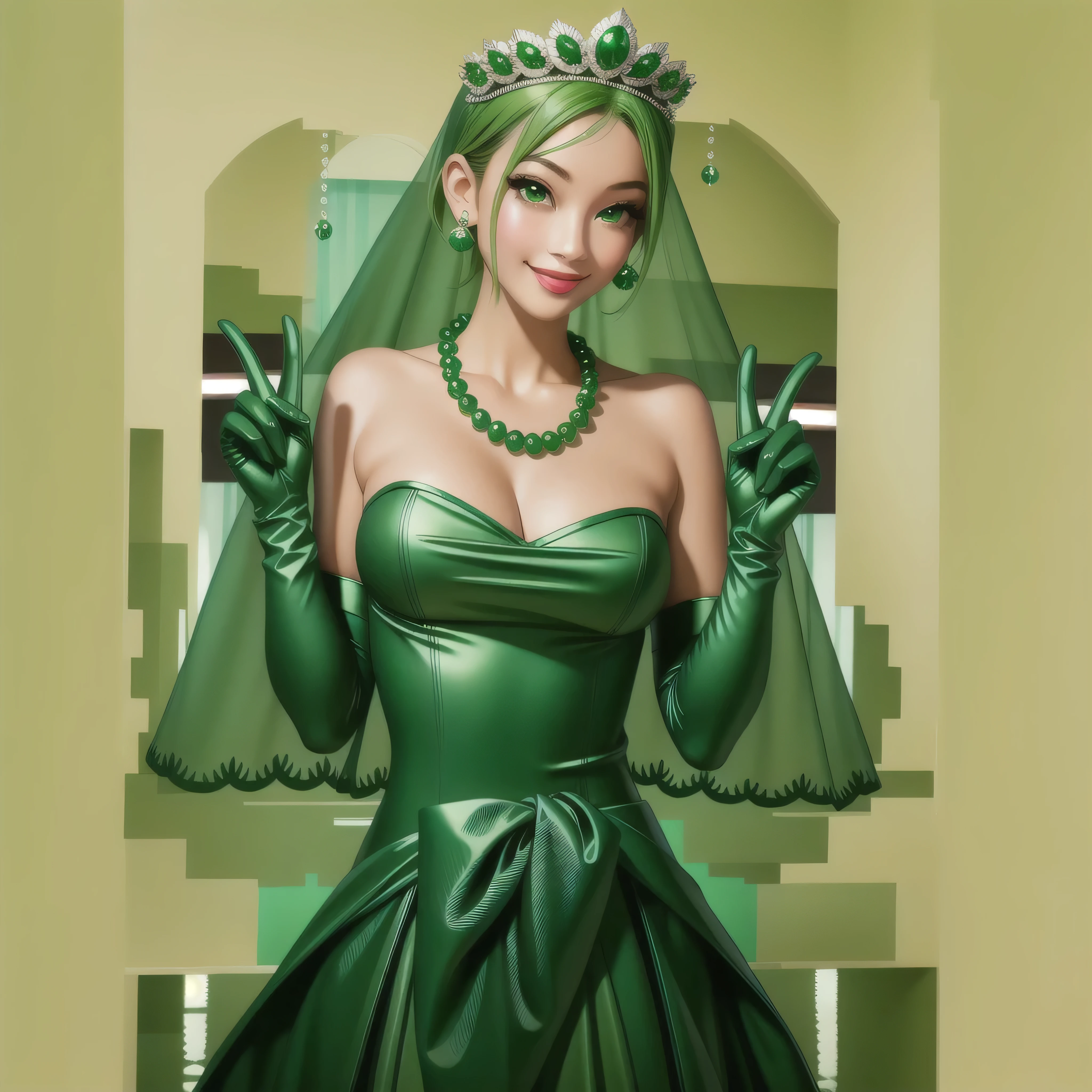 Emerald tiara, Green Pearl Necklace, Boyish very short green hair, Green Lips, Smiling Japanese woman, Very short hair, Busty beautiful lady, Green Eyes, Green satin long gloves, Green Eyes, Emerald Earrings, Green veil, all, Green Hair, Beautiful Japanese Woman, green lip gloss