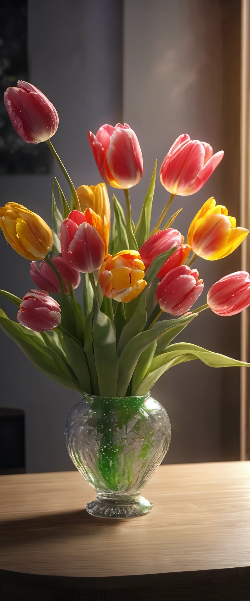 (8k, Highest quality, masterpiece: 1.2), (Realistic: 1.37), Very detailed, Close-up, (Tinkerbell and Tulips:1.2), vase１Tulip flowers on a desk, , , Small faint lights, flying fairies, night, , Intricate details, Splash screen, 
