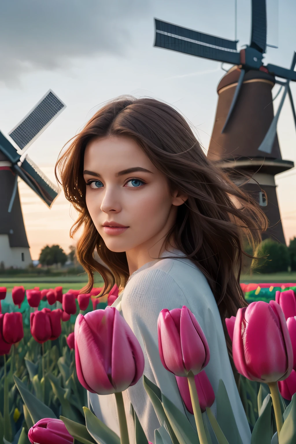 ultra detailed, sharp focus, 8k, high definition, insanely detailed, intricate, Attractive woman with her hair blowing in the wind, striking blue eyes, (Dutch tulip camp:1.2) in the background, windmills, a vibrant and elegant scene,