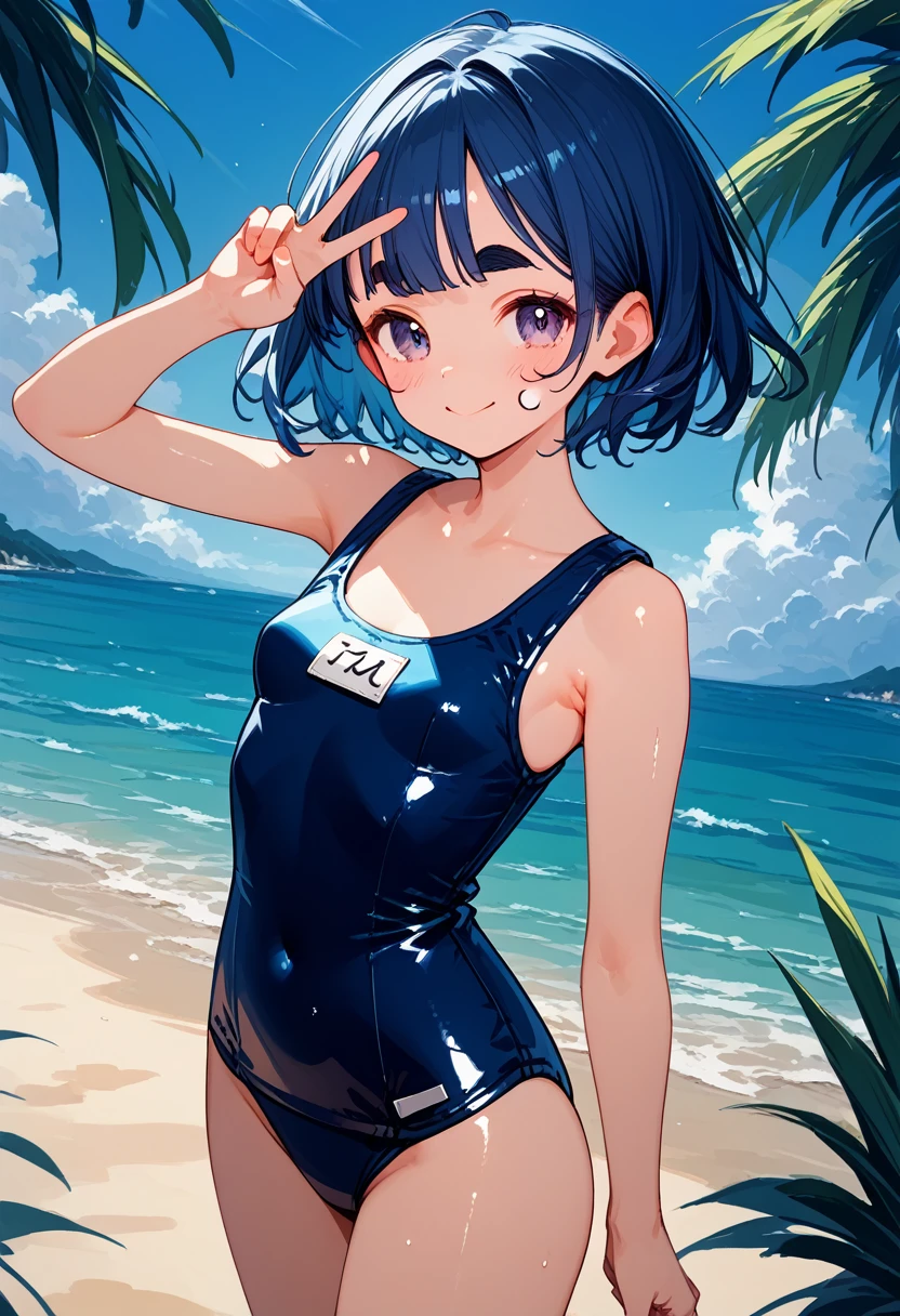 score_9, score_8_up,score_7_up,flat color,(best quality, masterpiece, ultra high-resolution, ultra-detailed), Girl in the sea, waikiki beach,wearing a life vest over her school swimsuit,shiny skin, BREAK (girl,16yo,detailed face,(darkblue wavy-short hair),middle thick eyebrows,middle small breasts),(V-sign with both hands),