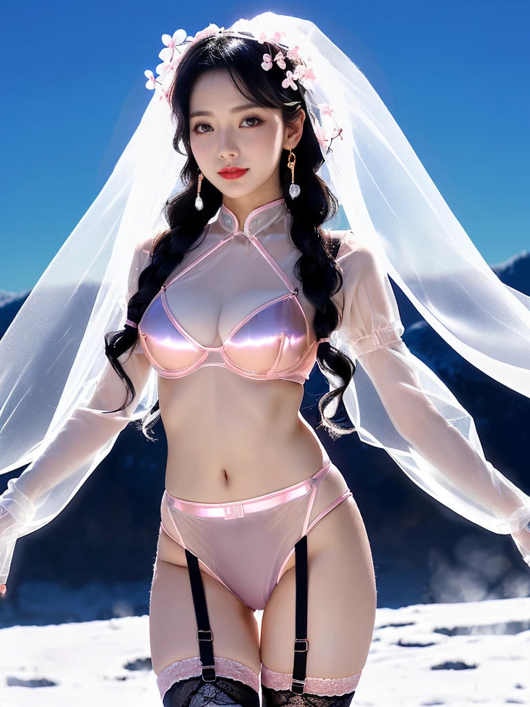 A female model, (Race:Chinese),((night, Snowy mountain hot spring, moonlight, snow)), (8K Ultra HD, 8K, Ultra-high resolution, best quality, masterpiece, Surrealism, Digital SLR Camera, Soft Light, Bokeh, Masterpieces), ((((Beautiful model-like face))), (Creating the image of a real girl), warm light, Realistic shadows, Dynamic poses, Elegant Posture, Cowboy lens, Full body front view, Be confident, Body facing the camera, Standing facing the camera, Open your legs slightly, Golden Ratio Graphics, Minimalism), (Happy smile, Big watery eyes, Cherry Blossom, Balanced Eyes, Perfect beautiful face, Normal facial features, Realistic skin, Attention to skin details, Skin is clean and radiant, Whitening, Perfect body, cosmetic, earrings, bracelet, necklace, Jewelry, veil, Hair accessories, Headdress), ((beautiful hair), black hair, Wavy curly hairstyle, Waist-length hair, Messy Hairstyle, Gradient hairstyles, Cyberpunk hairstyle), ((Transparent clothes：1.5), (The color of the clothes: Pink), Transparent Clothes, See-through clothes, Transparent Clothes, Tulle clothes, Mesh clothes, Transparent sci-fi clothes, Shiny micro bikini bra, (Clothes that accentuate your bust shape)), (Sexy的, Perfect breast shape, Teardrop chest shape, Snow-white breasts, very detailed breasts, 34E cup), (Super high waist, Deep V, Low-cut, Sexy, Flattering, , (Camel toe, High fork strangulation)), (sock, Knee socks, 吊garter, Leg ring, garter, 腿部garter), (pattern:line)