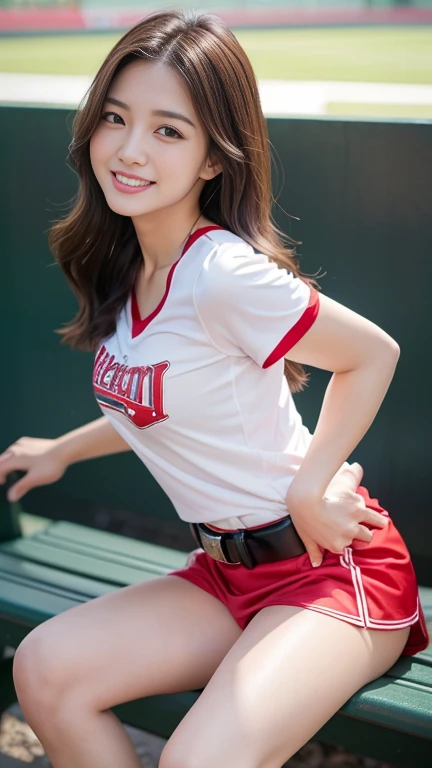 1 girl、(Age 27)、(Highest quality), Realistic, Very detailed, finely, High resolution, (8k), One beautiful woman, (Starry Sky Baseball Stadium)、(Taiwan Rakuten Cheerleaders),(A white T-shirt with a red Rakuten logo))、((Red Belt))、((White shorts))、((From the whole body to the toes:1.3)、((Full Body Shot:1.3))、(Big Breasts)、(Big Ass),(Look back and laugh)、 (Look at me and smile),(Side Shot)、(Side view:1.3)、(photoRealistic:1.3),(From the whole body to the toes:1.3)、(Sit on a bench)、(A smile showing white teeth),