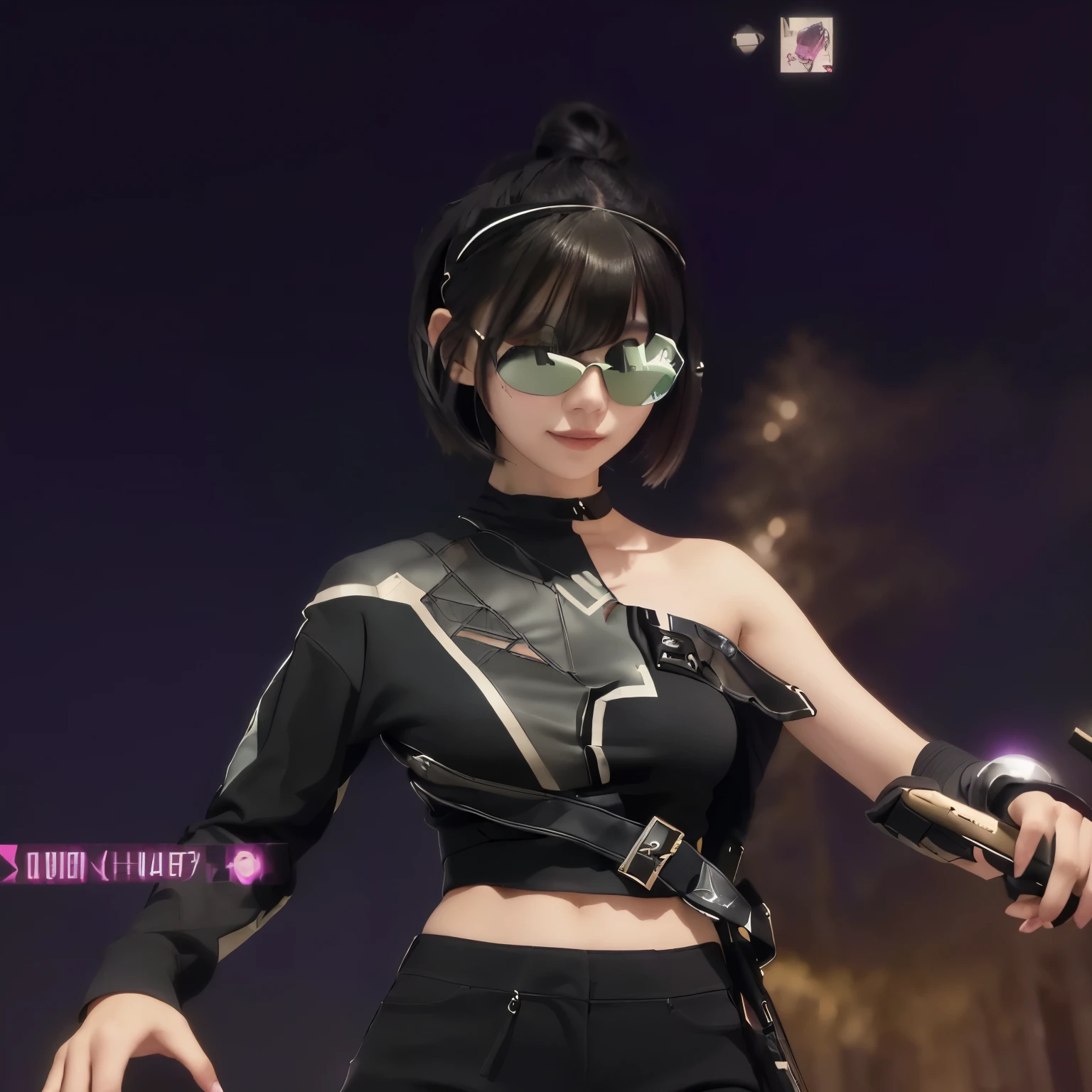 a close up of a person in a black outfit and sunglasses, katana zero video game character, kda, 8 k character details, cyber punk setting, lunar, black eyepatch, kda and sam yang, alluring mesmer woman, cyber universe style, new character, pitch black skin, sharp silver armor fuchsia skin, valorant characterbest quality)), ((masterpiece)), (detailed), 1girl, off-shoulder sweater,