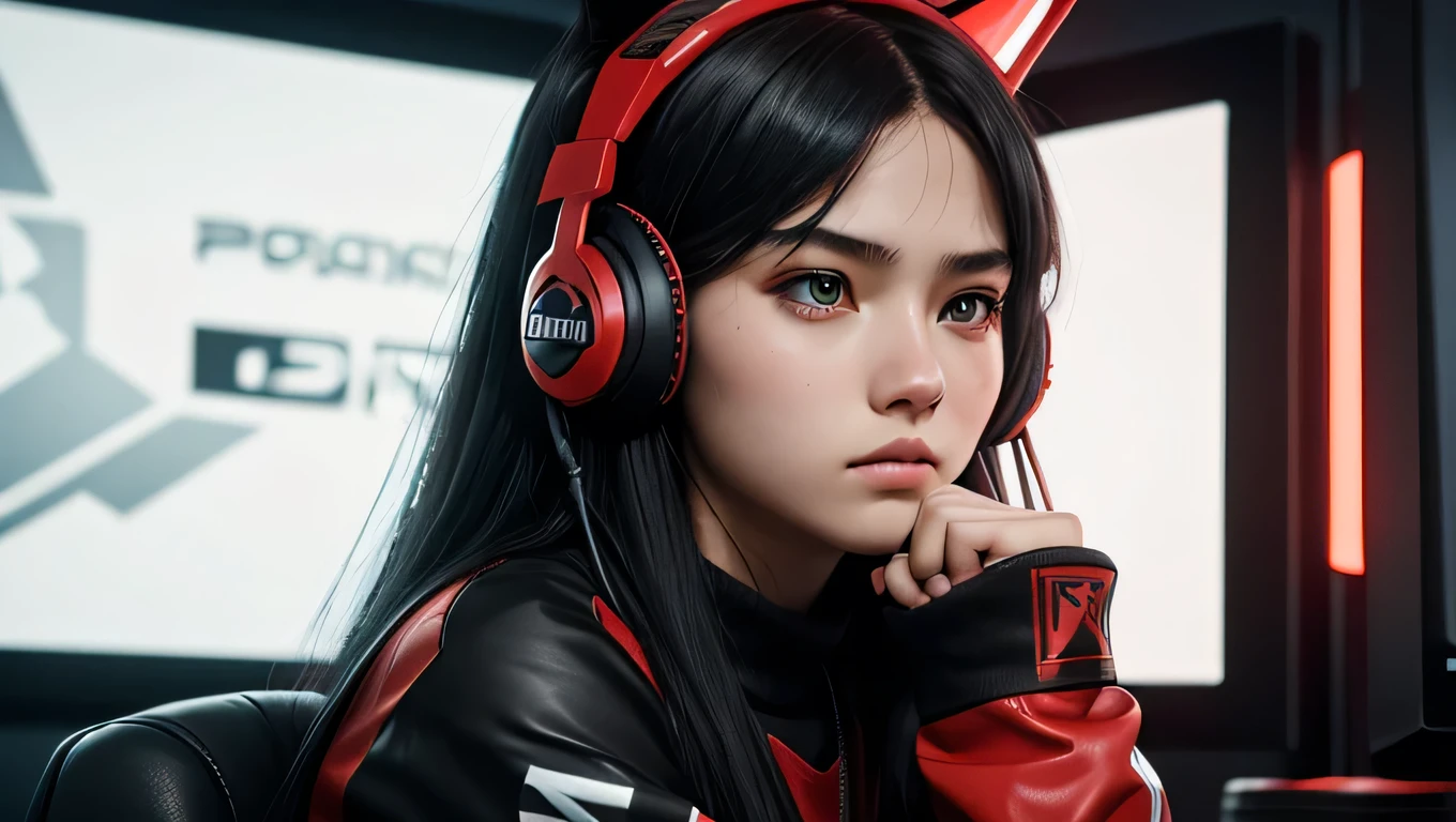 Gamer girl, ager, black hair with red accent, wolf cut, long hair, sitting in gaming chair, using headset, tournament Atmosphere, serious face, playing mobile game, facing away, fist bump her teammate, best quality, 8k, ultra realistic