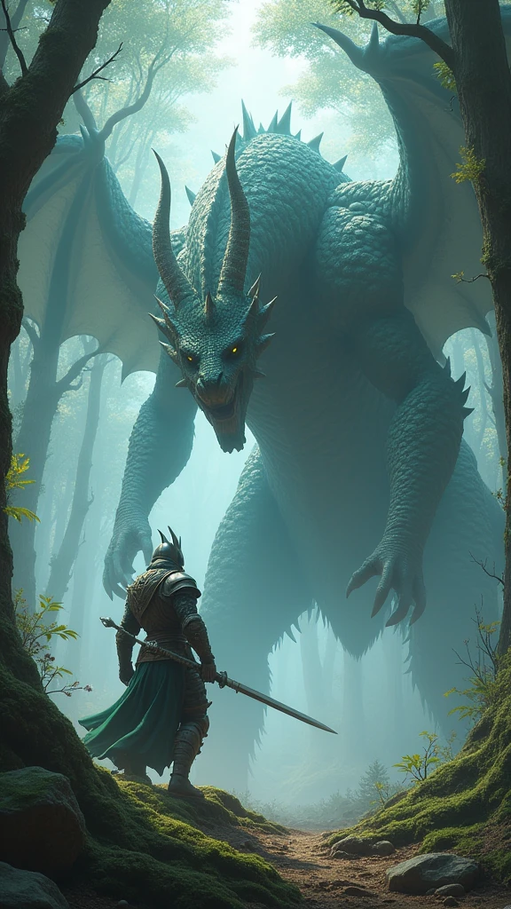 Elden Ring,Silent Forest,Warrior in dragon horn helmet holding a long sword and fighting against the dragon