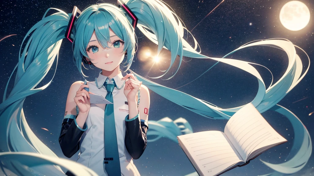 Under the quiet night sky、An image depicting Hatsune Miku reading a letter of thanks。