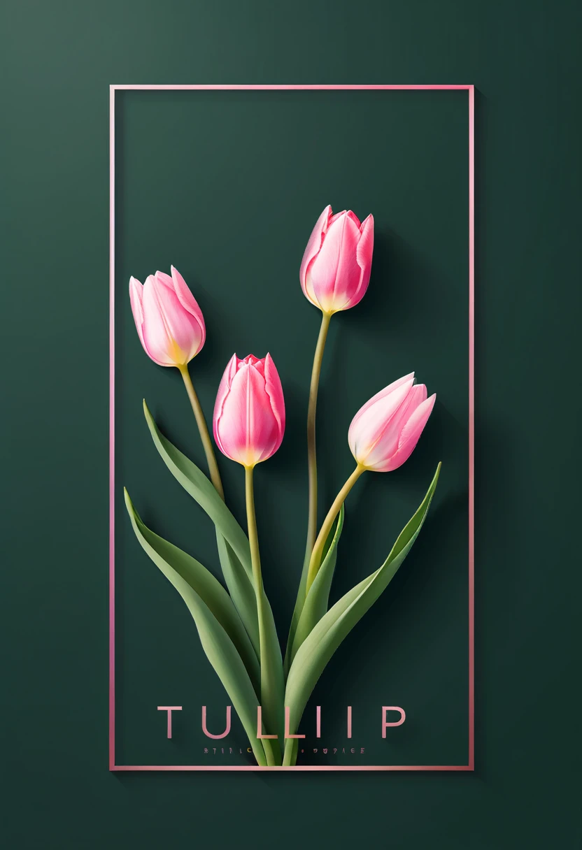 The cover design has the word tulip and two light pink tulips in the middle and lower corners. (Background dark green)Vector graphic design. 精緻 close up 精巧構圖(close up) Flat style vector art, Flat vector art uses simplicity in vector art、 Pure expression，Highlight simplicity and clarity of form， Bring simplicity and modernity to your work