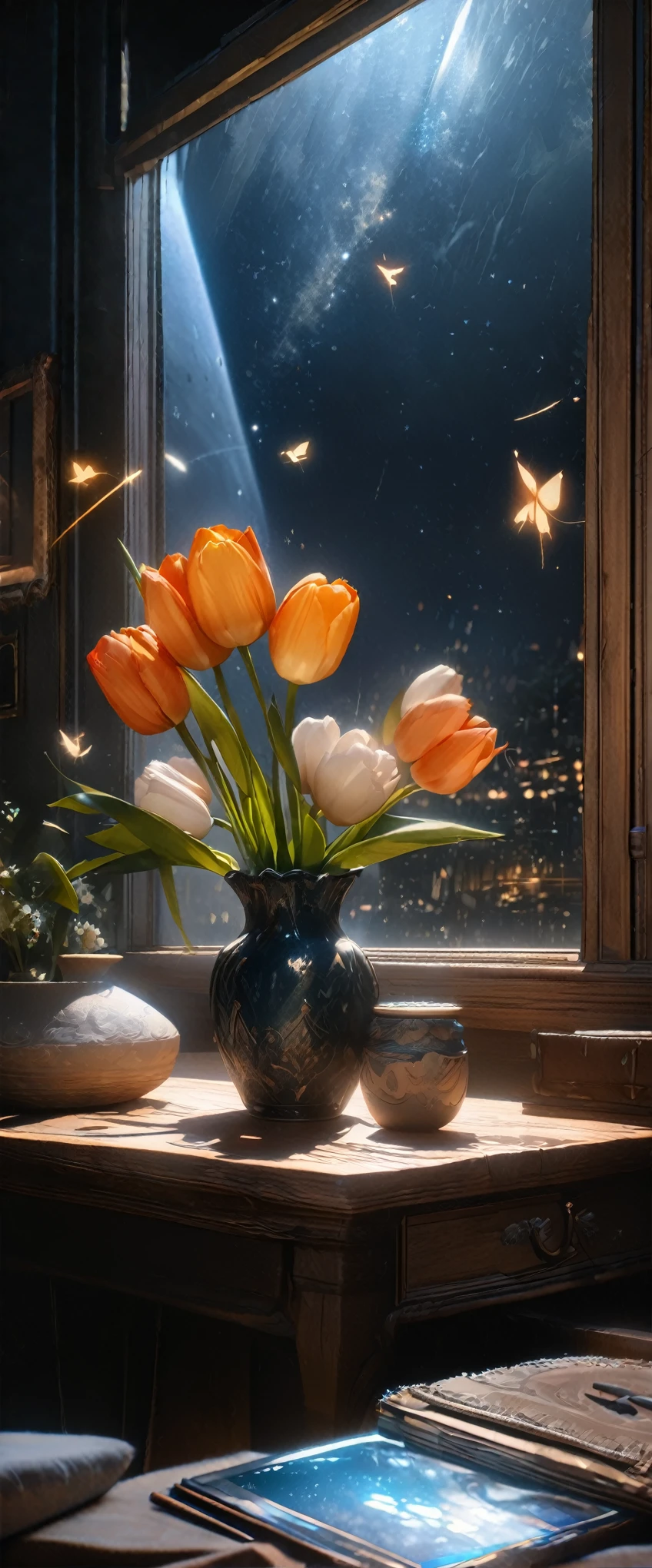 (8k, Highest quality, masterpiece: 1.2), (Realistic: 1.37), Very detailed, Close-up, (Tinkerbell and Tulips:1.2), vase１Tulip flowers on a desk, , , Small faint lights, flying fairies, night, , Intricate details, Splash screen, 
