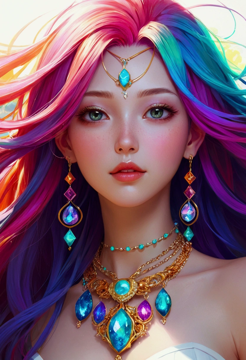 Close-up of a woman with rich and colorful hair and necklace, Anime girl with cosmic long hair, The soft vibrancy of Rossdraws, Guvitz (Govez) Artwork of style, Fantasy art style, rich and colorful], Vibrant fantasy style, Rossdraws Vibrant cartoons, cosmic and rich and colorful, Gu Weiss, rich and colorful digital fantasy art, Stunning art style, Beautiful anime style, White skin, delicate