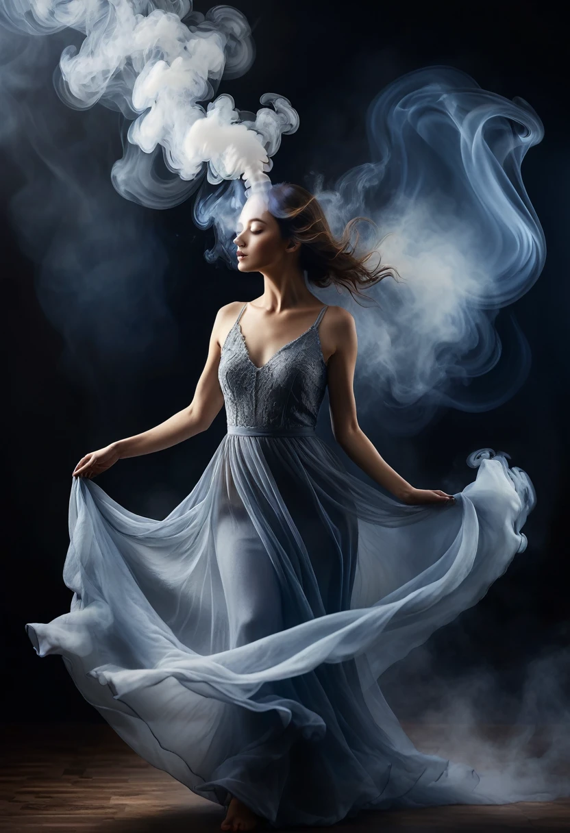 A (woman made of smoke:1.3), (elegant flowing fabrics:1.2), (delicate ink wash painting:1.2), (graceful dance:1.3), (cinematic lighting:1.3), (cinematic:1.2), (spiritual:1.3), (ethereal:1.3), (surreal:1.3), (juliana nan:1.2), (mandy disher:1.2), (masterpiece:1.5), (best quality:1.5), (8k:1.5), (extremely detailed:1.4), (hyperrealistic:1.4), (volumetric lighting:1.3), (dramatic chiaroscuro:1.3), (dynamic composition:1.3), (mesmerizing:1.4), (breathtaking:1.4), subtle shades of grey and blue, mystical background with light rays penetrating through smoke, mysterious and serene atmosphere, central figure with dynamic flowing smoke lines creating a sense of movement and lightness.