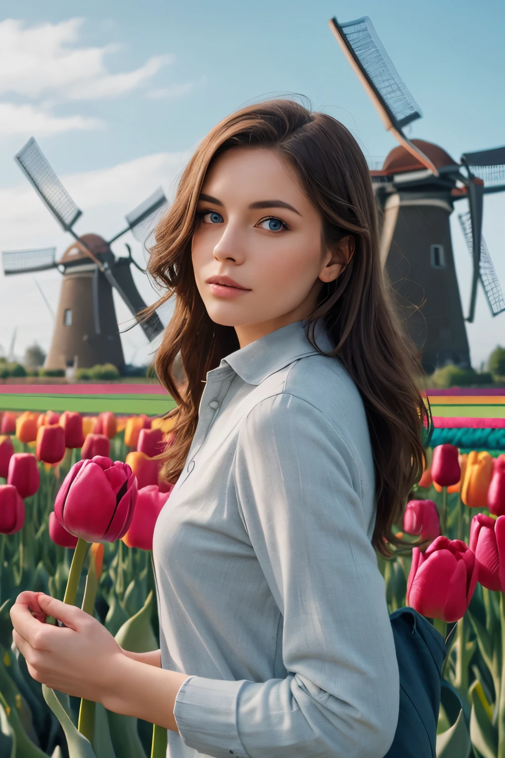 ultra detailed, sharp focus, 8k, high definition, insanely detailed, intricate, Attractive woman with her hair blowing in the wind, striking blue eyes, (Dutch tulip camp:1.2) in the background, windmills, a vibrant and elegant scene, 