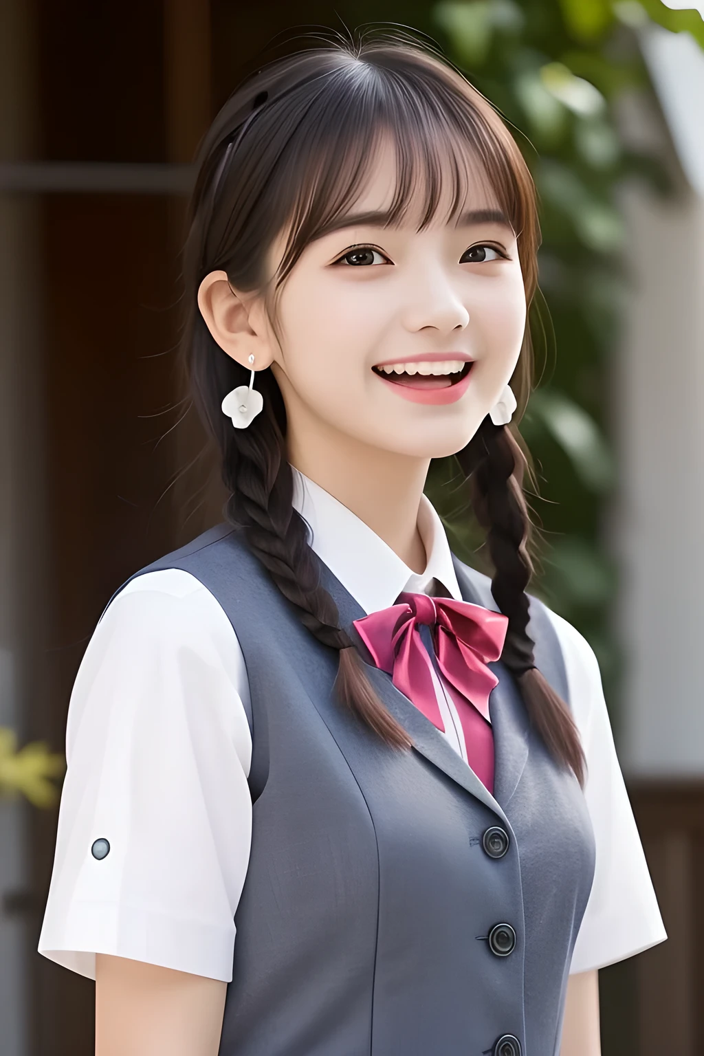 (highest quality, masterpiece, high resolution:1.2), 4K, (Photo quality detailed face: 1.2), (Giorgione painting style: 1.3), geometry, 14 yo beautiful girl, Laughing cutely, (neat girly white school blouse), (Dark red glossy school ribbon on the breast: 1.0), (Gray Japanese school girly vest Uniform: 1.2), (Beautiful light-amber-cute-girly clear eyes with detailed cutely: 1.2), (Expressing the greatest joy with her whole body: 1.2), (Glossy lips: 1.0), (braids under her ears: 1.0), (cute earrings)