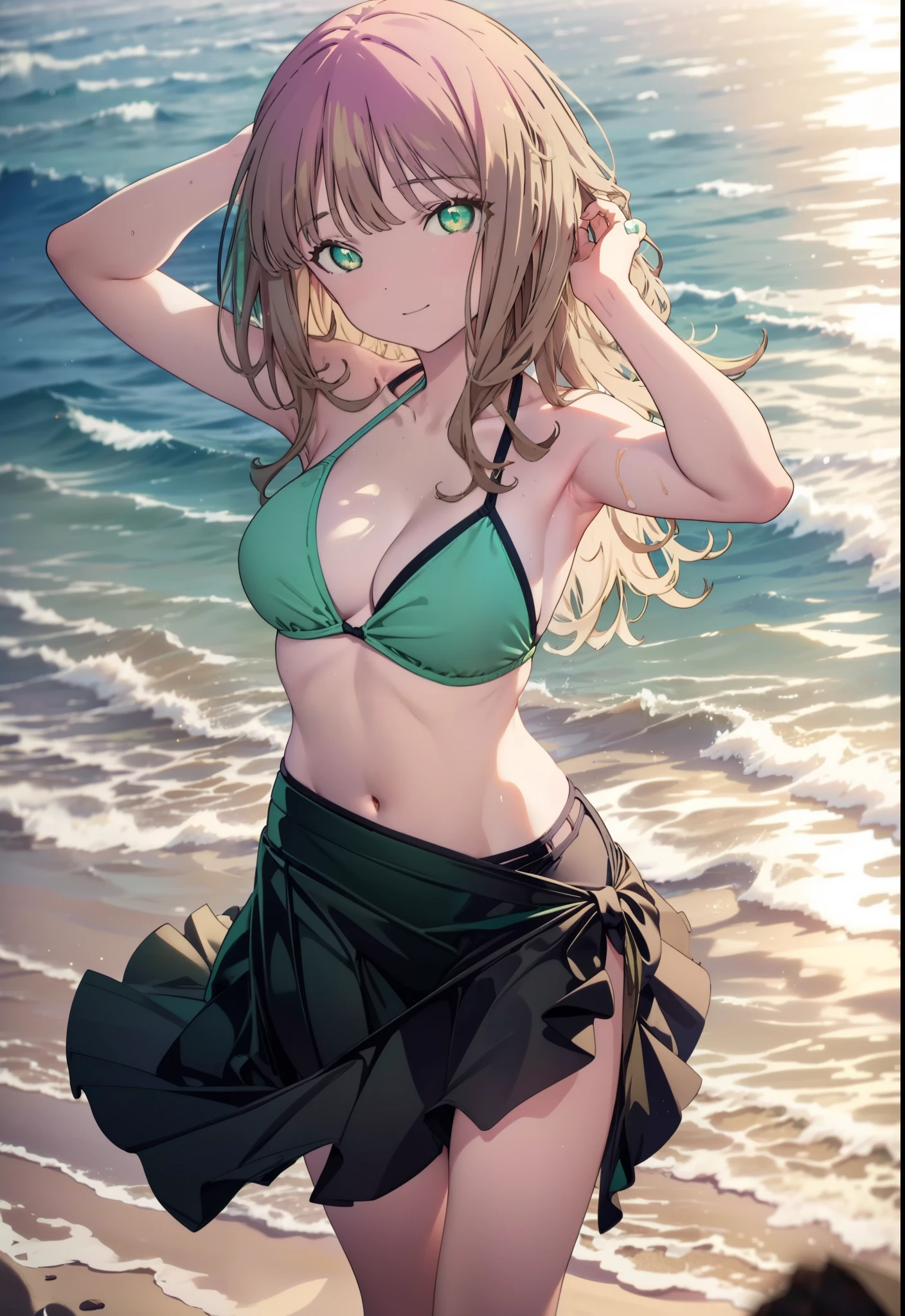 minami yume ,sss Dynazenon ,Long Hair, Brown Hair, (Green Eyes:1.5) ,smile,Open your mouth,Medium Breast,hair band,Black bikini string swimsuit,A thin long skirt is wrapped around her waist,barefoot,Daytime,Clear skies,Sandy Beachを散歩している,
break looking at viewer, whole body,(Cowboy Shot:1. 5),
break outdoors, Beach,Sandy Beach,
break (masterpiece:1.2), Highest quality, High resolution, unity 8k wallpaper, (shape:0.8), (Beautiful and beautiful eyes:1.6), Highly detailed face, Perfect lighting, Extremely detailed CG, (Perfect hands, Perfect Anatomy),