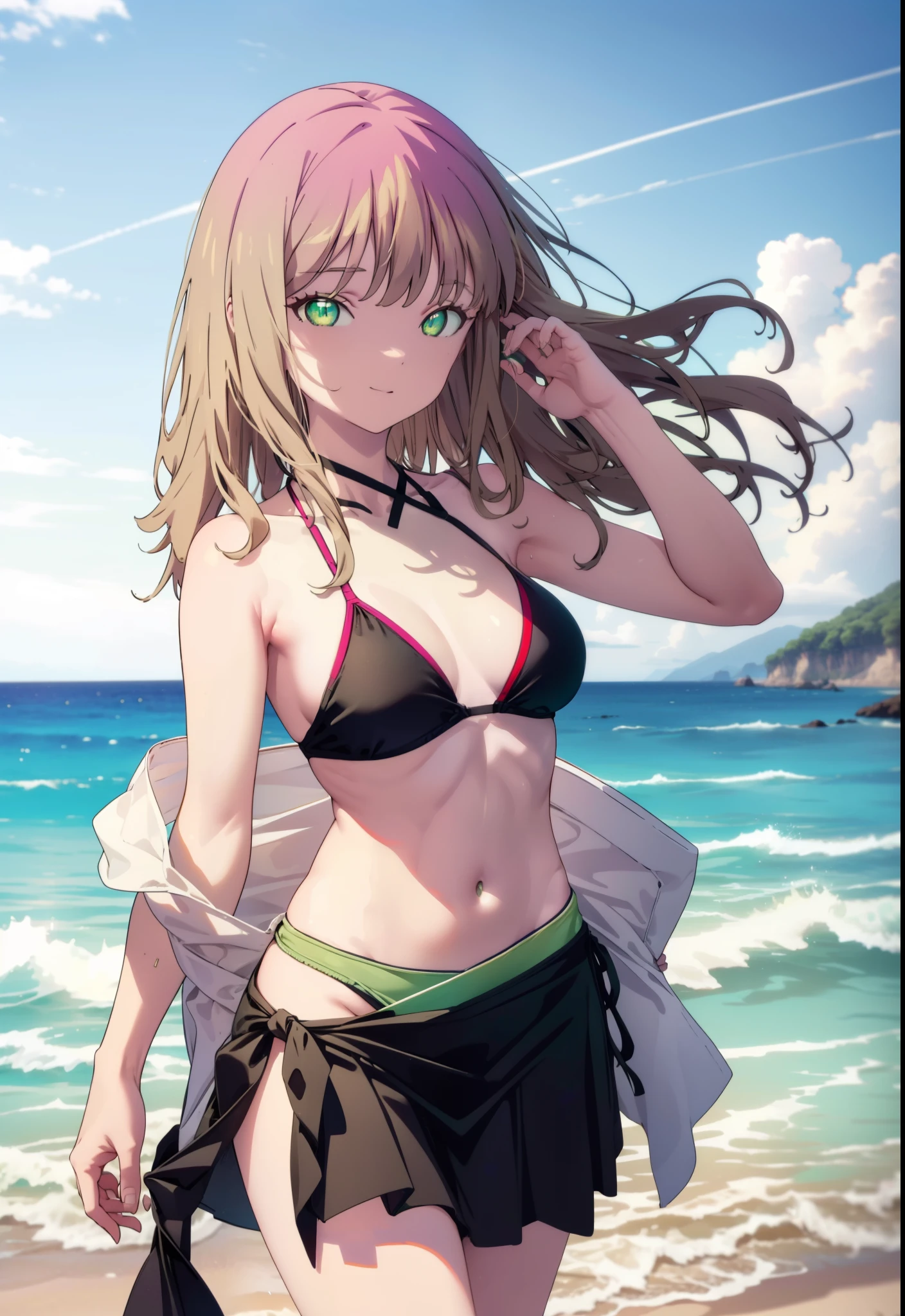 minami yume ,sss Dynazenon ,Long Hair, Brown Hair, (Green Eyes:1.5) ,smile,Open your mouth,Medium ,hair band,Black bikini string swimsuit,A thin long skirt is wrapped around her waist,barefoot,Daytime,Clear skies,Sandy Beachを散歩している,
break looking at viewer, whole body,(Cowboy Shot:1. 5),
break outdoors, Beach,Sandy Beach,
break (masterpiece:1.2), Highest quality, High resolution, unity 8k wallpaper, (shape:0.8), (Beautiful and beautiful eyes:1.6), Highly detailed face, Perfect lighting, Extremely detailed CG, (Perfect hands, Perfect Anatomy),
