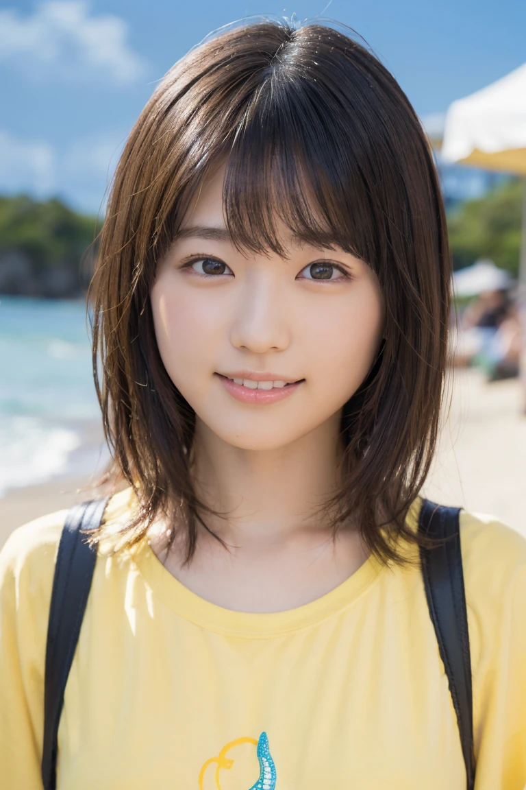 masterpiece, Highest quality, One Woman, (Yellow T-shirt:1.2), 22 years old、(RAW Photos, Highest quality), (reality, Realistic:1.4), Upper Body、Clean look、Iris、very detailed eyes and face, Beautiful and detailed nose, beautiful eyes, Perfect Anatomy、Black short hair、bangs、Crystal skin, A cool smile、Face Focus、Summer beach、