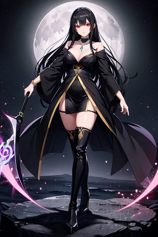 Anime Art、Full body portrait、Fantasy characters、Moonlit Wilderness、A tall, fair-skinned woman, about 175cm tall, around 32 years old, wearing a black robe, dancing with a giant scythe、Long skirt that reaches the ankles、Black Stockings、Long Hair、Jet Black Hair、Mocking、Red Eyes、Gloves that cover the elbows、Thigh-high boots、Silver bracelet and necklace、Silver Hairpin、Shrouded in a black haze