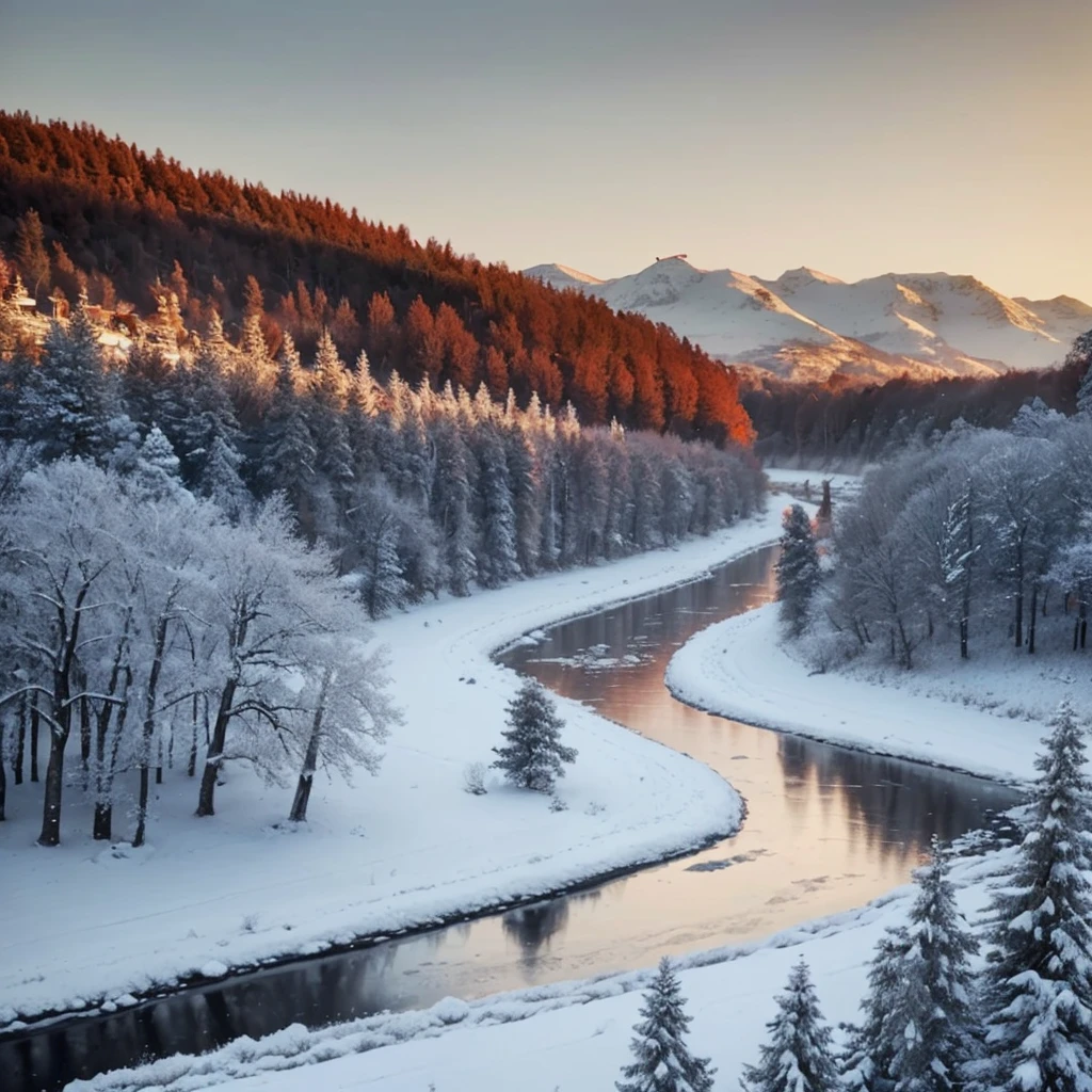 silver snowfall, completely red river, completely white threes, middle age city on background, gothic, dark fantasy