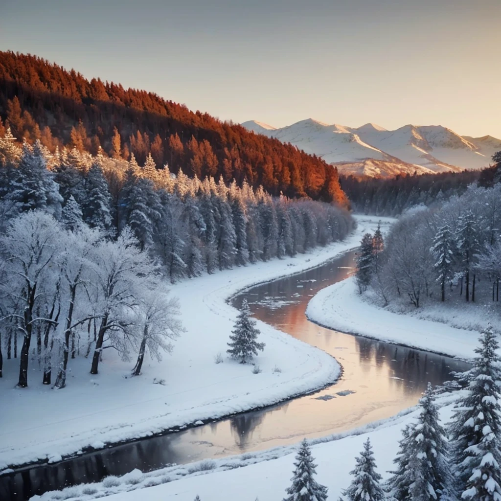 silver snowfall, completely red river, completely white threes, middle age city on background, gothic, dark fantasy