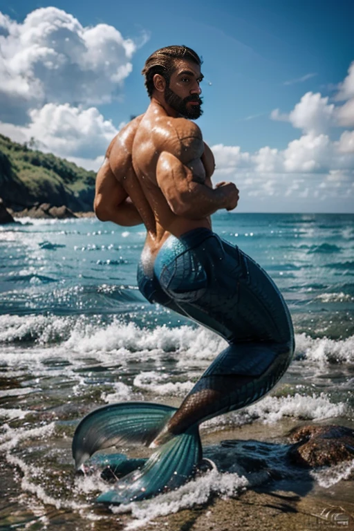 muscle male mermaid, merman, muscles, male bodybuilder, blue mermaid tails, beard, black longhair, jumping from water, back, sexy ass, water wave, water twister, rocks, wallpaper