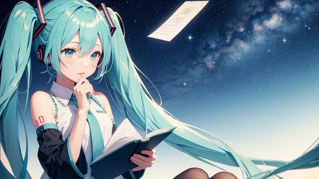 Under the quiet night sky、An image depicting Hatsune Miku reading a letter of thanks。