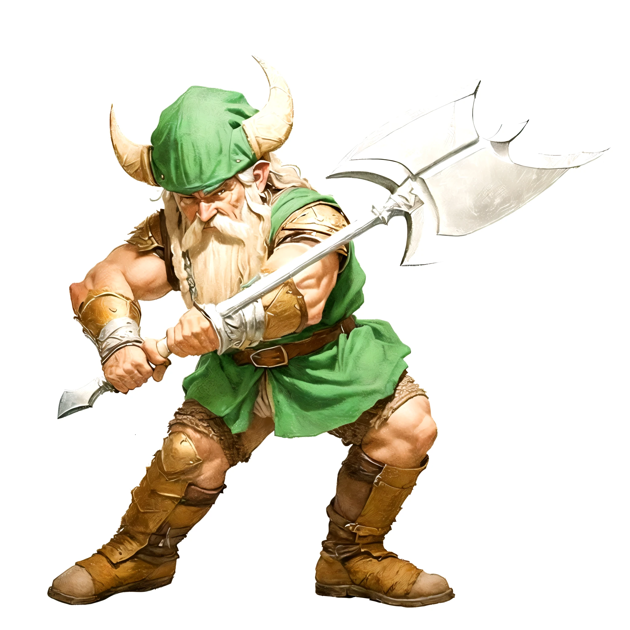 a close up of a dwarf of a man with a axe, Gilius Thunderhead from Golden Axe, (naked tights), ((naked arms)), norse warrior, dwarf, battle axe, barbarian class, , wielding a huge great axe, with a two handed axe, rpg art, viking berserker, lf warrior, viking, viking warrior, barbarian warrior, fighting fantasy style image, viking god, dnd dwarf, (no trousers), (boots to the knee)