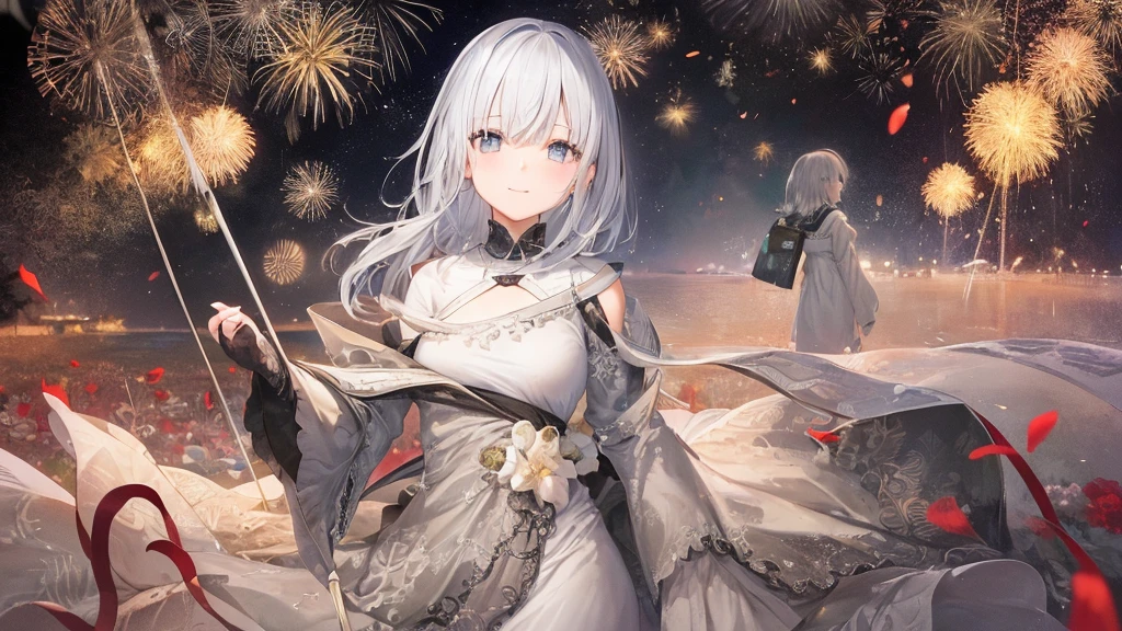 Open your mouth、Flower Field、Her eyes were shining、Mysterious and enchanting atmosphere。With AI Painting、とてもShort Hair, Long bangs between the eyes, Very detailed,(masterpiece、Highest quality)、alone、Gray Hair、Fantasy, Silver Hair, Fantasyな風景、smile、Open your mouth、short hair、Short Hair、hairpin、black eye、Grey Eyes、Beautiful Eyes、Black Shirt、White hoodie、Seaside、Fireworks