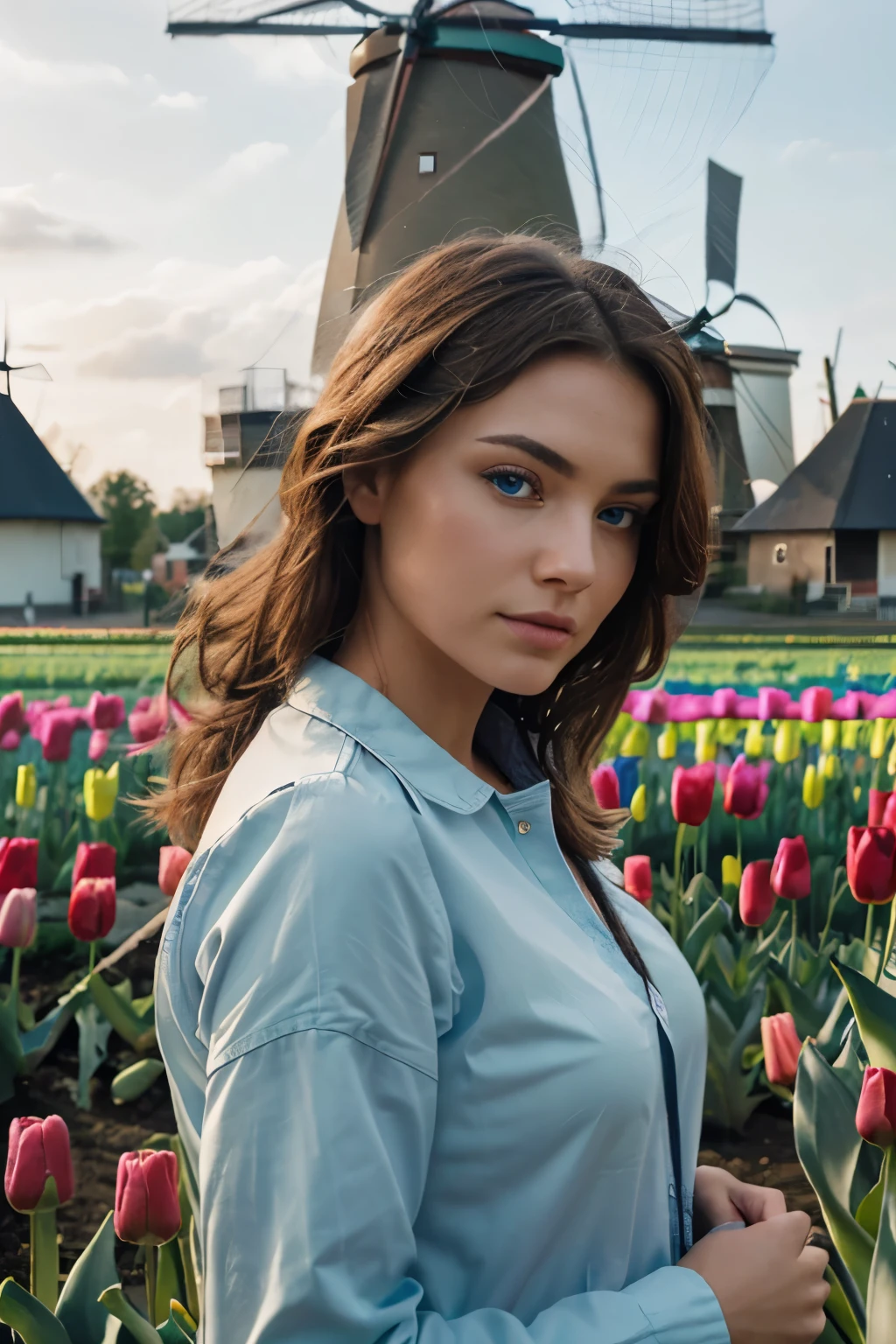 ultra detailed, sharp focus, 8k, high definition, insanely detailed, intricate, Attractive woman with her hair blowing in the wind, striking blue eyes, (Dutch tulip camp:1.2) in the background, windmills, a vibrant and elegant scene,