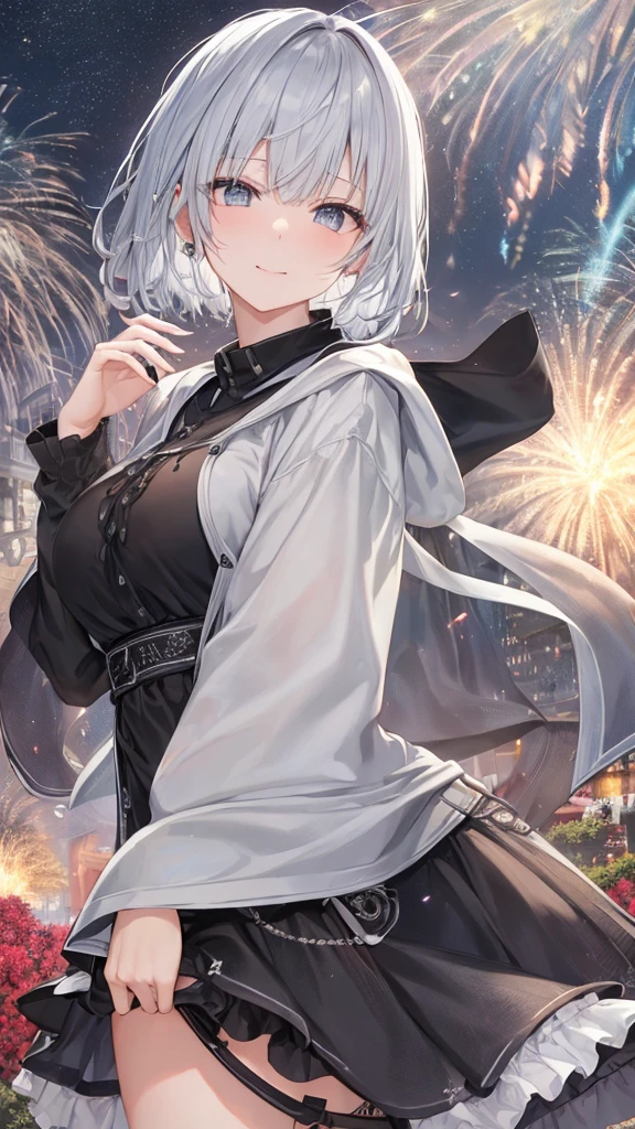 Open your mouth、Flower Field、Her eyes were shining、Mysterious and enchanting atmosphere。With AI Painting、とてもShort Hair, Long bangs between the eyes, Very detailed,(masterpiece、Highest quality)、alone、Gray Hair、Fantasy, Silver Hair, Fantasyな風景、smile、Open your mouth、short hair、Short Hair、hairpin、black eye、Grey Eyes、Beautiful Eyes、Black Shirt、White hoodie、Seaside、Fireworks