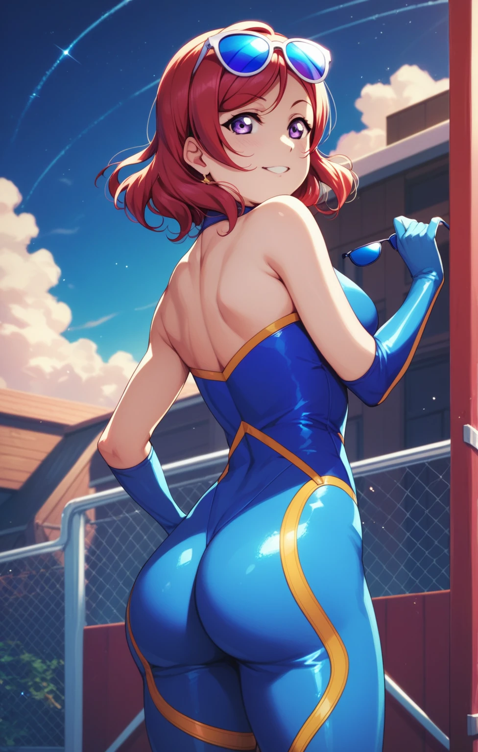 (Masterpiece, Best Quality, High Quality), cowboy shot Nishikino maki love live, Red medium hair, purple eyes, blue bodysuit, blue transparent sunglasses,dark sky ,ass