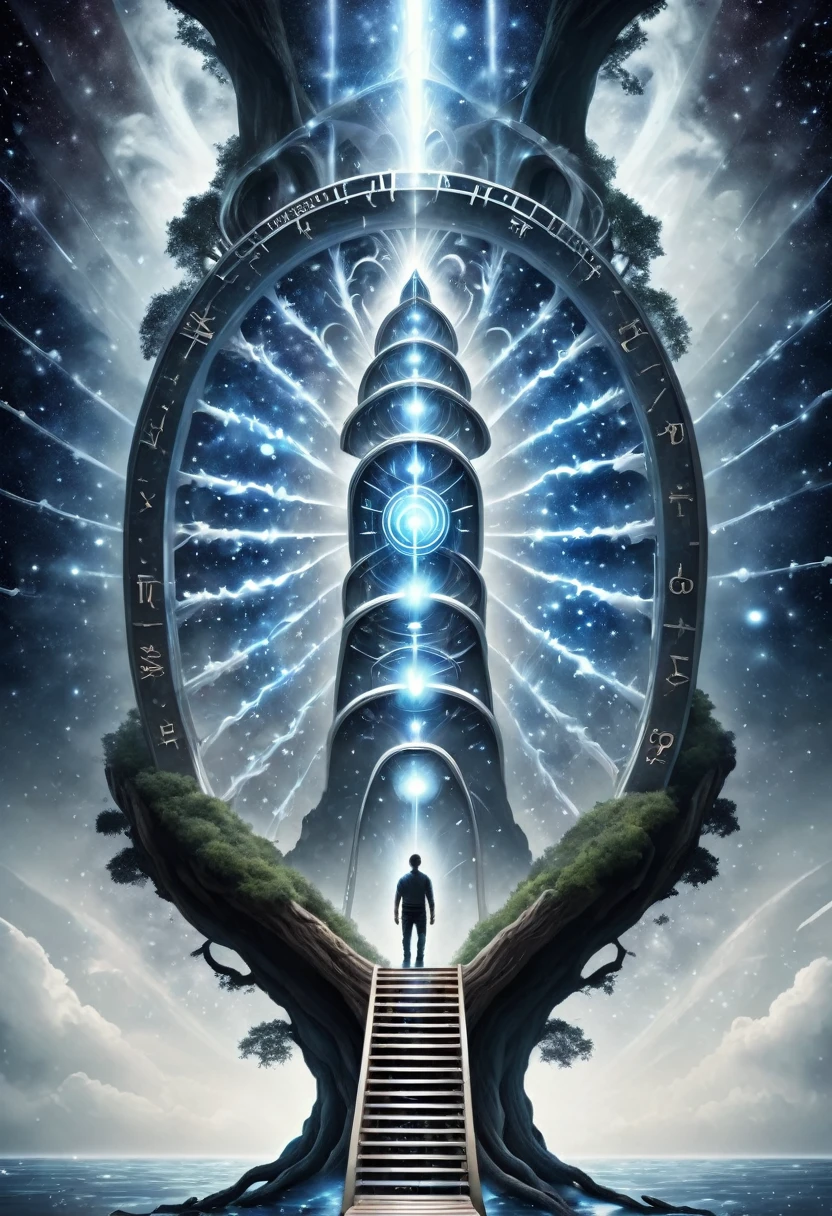 create a realistic Crystal with the reflection of the Universe, Man in the Maze, Tree of knowledge, River of Time, key, Ladder knowledge of the universe