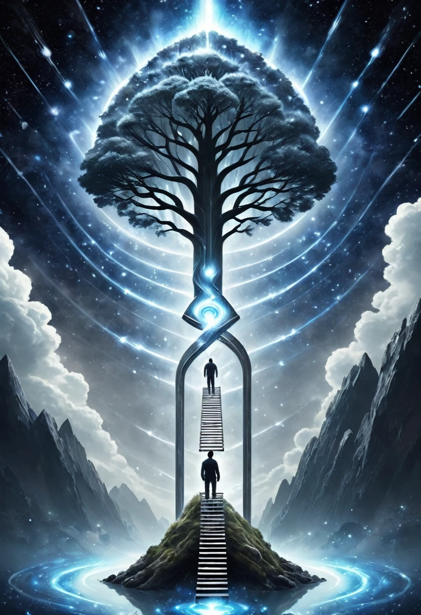 create a realistic Crystal with the reflection of the Universe, Man in the Maze, Tree of knowledge, River of Time, key, Ladder knowledge of the universe