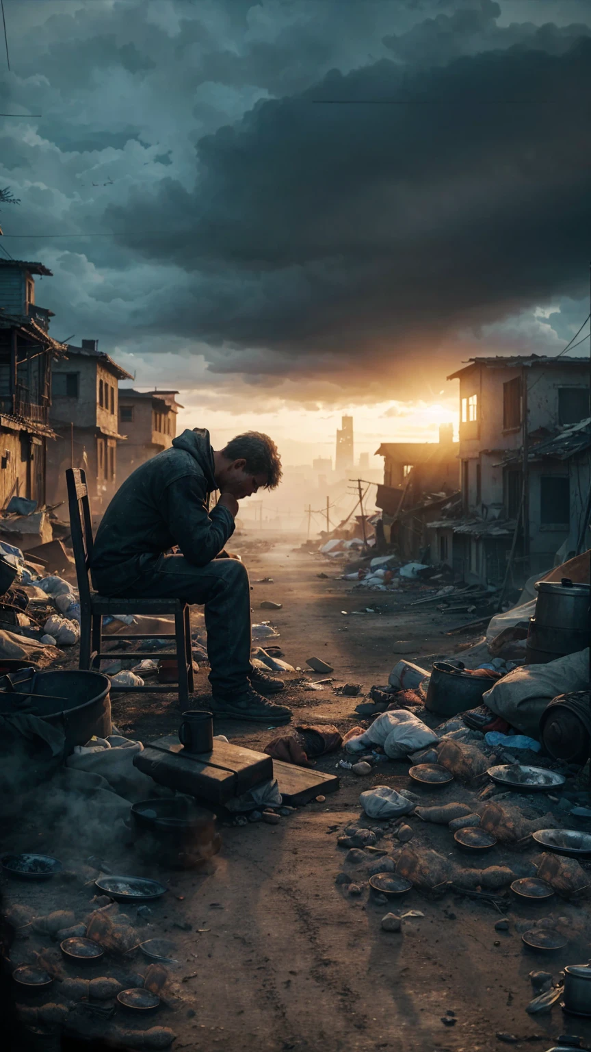 Complete and very real image. Poverty, hunger, sadness, disasters. Photorealism, full view, very detailed image, very realistic, hyperrealism, cinematography, Ultra HD, 8k, Unreal Engine 5, sharp focus,