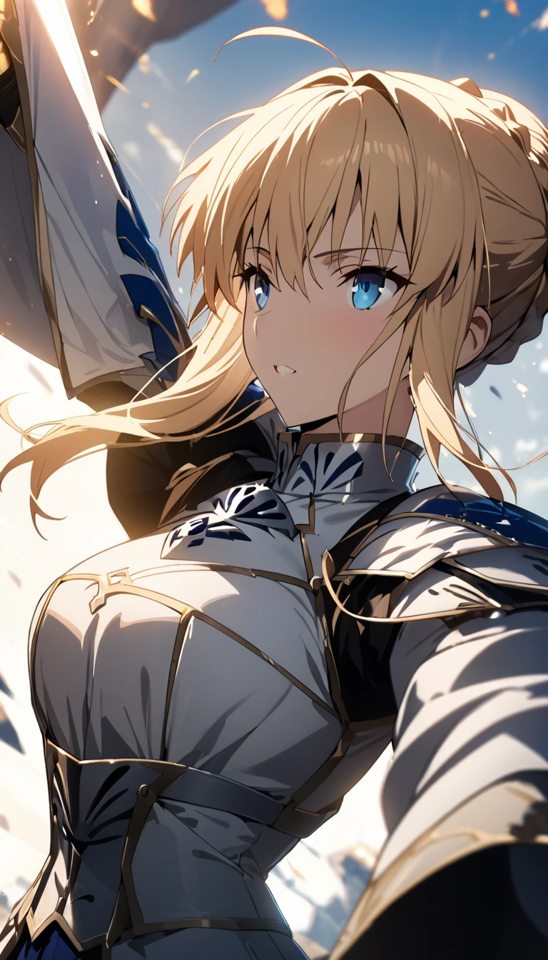 (masterpiece:1.2), (highest quality:1.2), Perfect Eyes, Perfect Face, Perfect lighting,1girl, holding sword artoria pendragon \(fate\), fate \(series\) perspective medieval beautiful, aesthetic, detailed, beautiful color amazing quality, best quality, high quality