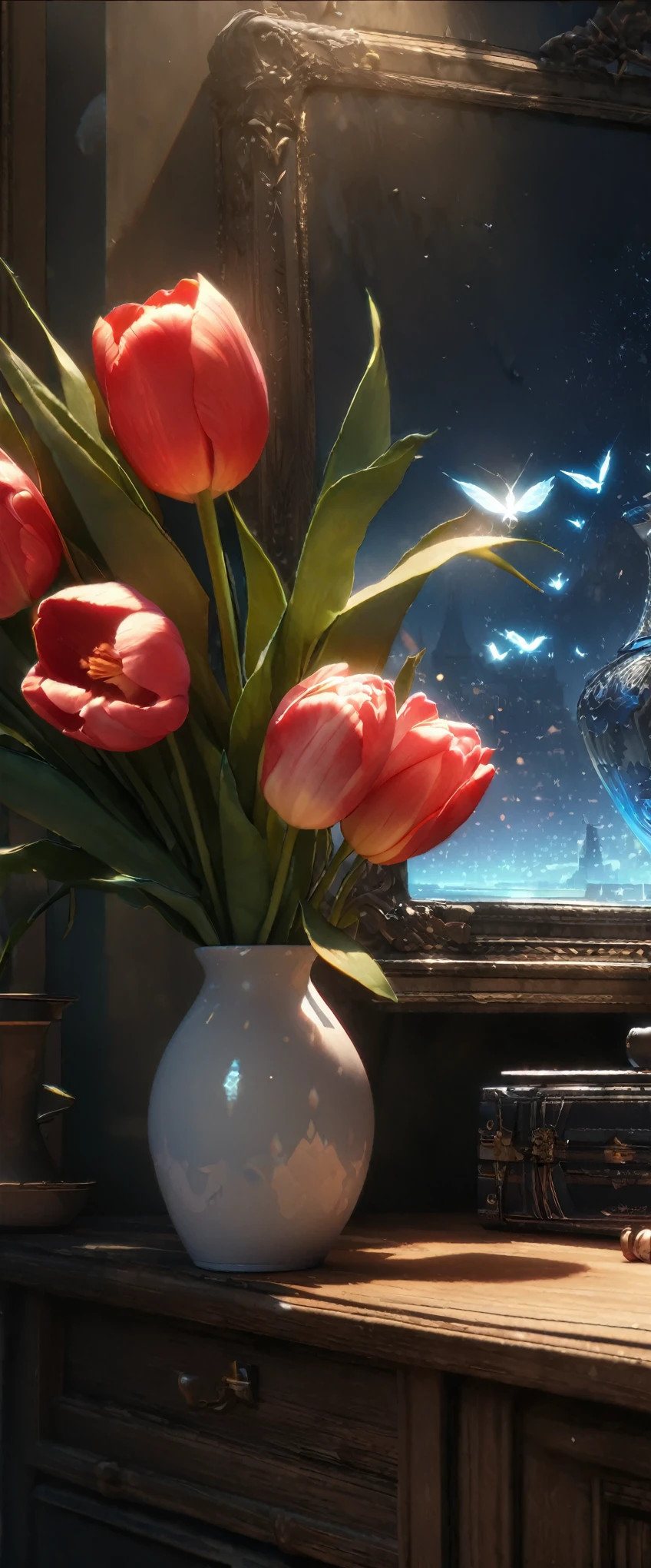 (8k, Highest quality, masterpiece: 1.2), (Realistic: 1.37), Very detailed, Close-up, (Tinkerbell and Tulips:1.2), vase１Tulip flowers on a desk, , , Small faint lights, flying fairies, night, , Intricate details, Splash screen, 