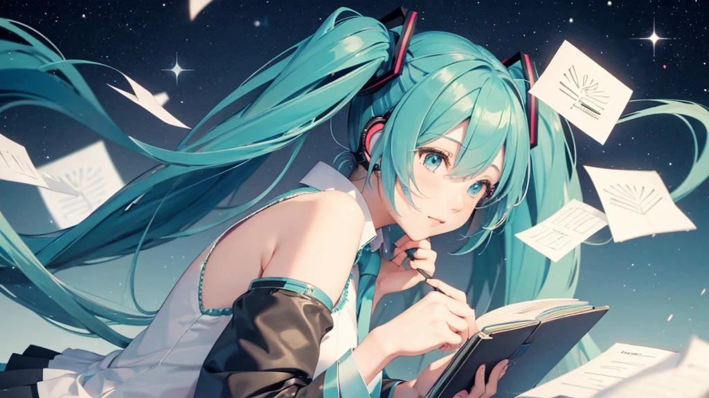 Under the quiet night sky、An image depicting Hatsune Miku reading a letter of thanks。