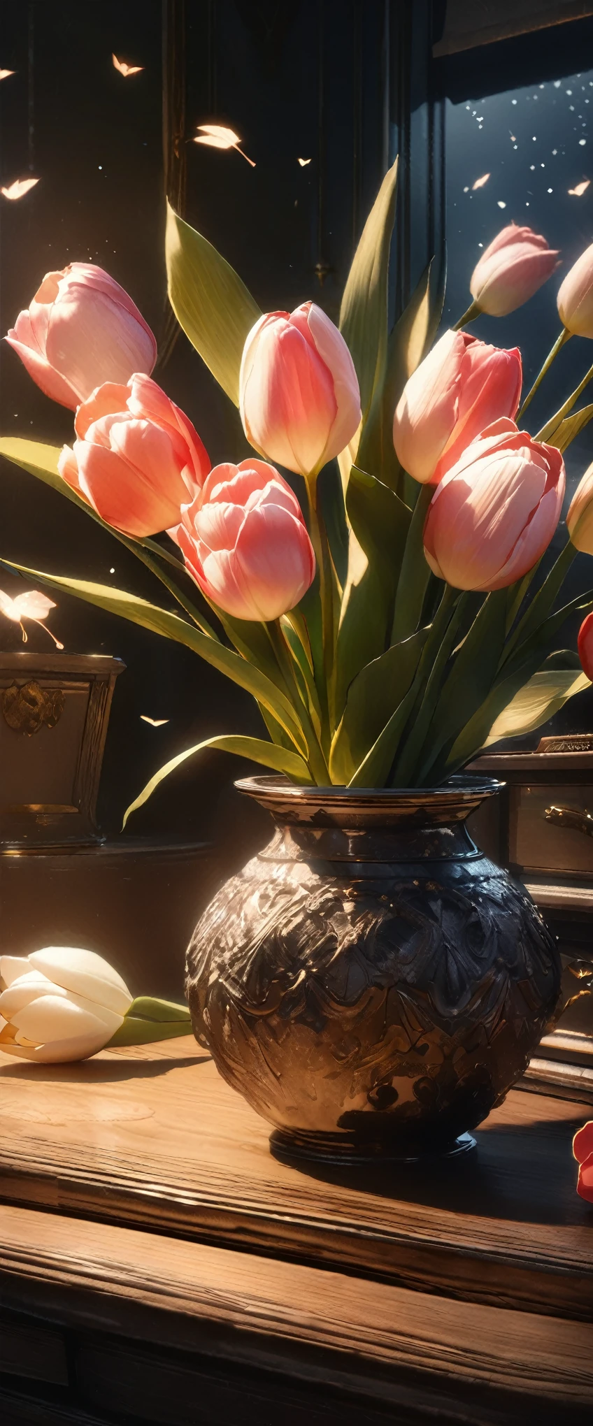 (8k, Highest quality, masterpiece: 1.2), (Realistic: 1.37), Very detailed, Close-up, (Tinkerbell and Tulips:1.2), vase１Tulip flowers on a desk, , , Small faint lights, flying fairies, night, , Intricate details, Splash screen, 