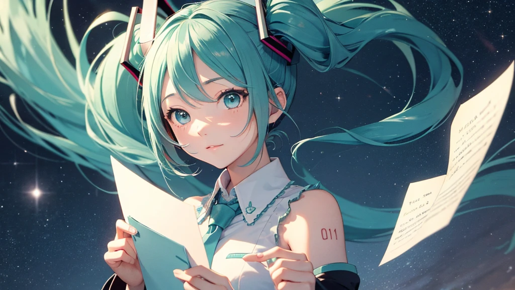 Under the quiet night sky、An image depicting Hatsune Miku reading a letter of thanks。