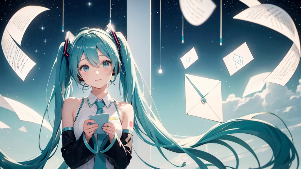 Under the quiet night sky、An image depicting Hatsune Miku reading a letter of thanks。