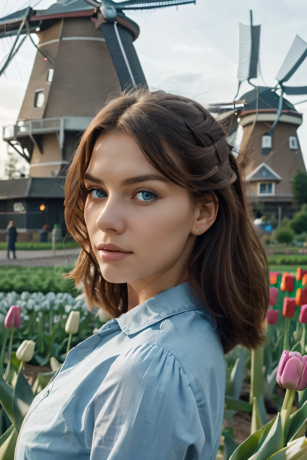 ultra detailed, sharp focus, 8k, high definition, insanely detailed, intricate, Attractive woman with her hair blowing in the wind, striking blue eyes, (Dutch tulip camp:1.2) in the background, windmills, a vibrant and elegant scene,