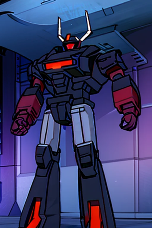 High quality, big robot, big claws for hands, dark blue armor, one red eye, red lighting, dark purple armor, Full body, big arms, thin legs, long horns