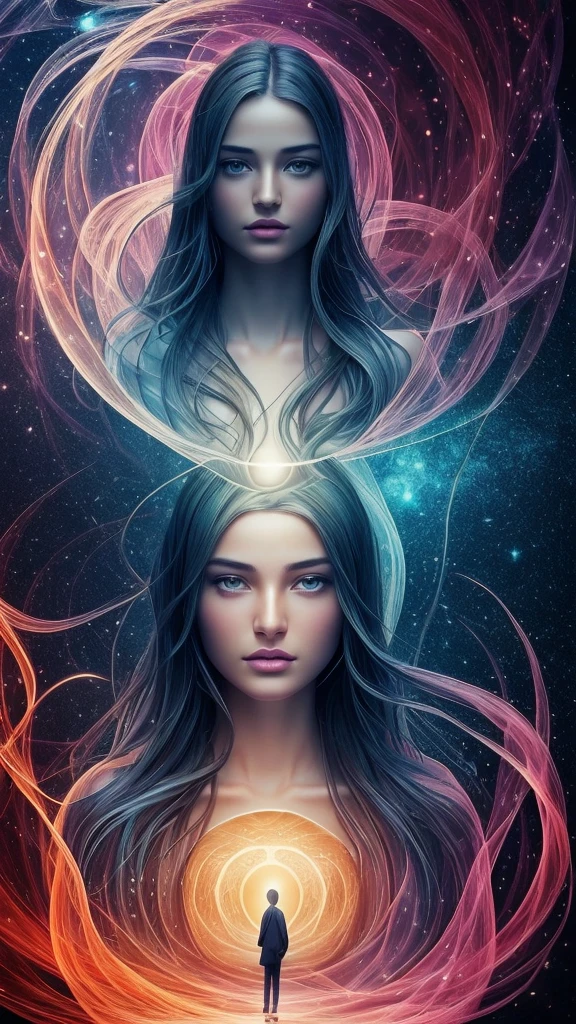 (multiple exposure:1.8),Dubrec style,Girl virtual holographic digital avatar,Futuristic magnificent starry sky image foreground,psychedelic planet,magic nebula,In space,Complex illustrations in surrealist art style,Surreal dreams,Become an invisible virtual hologram,Transparent person avatar,Virtual holographic digital image,Surreal art, 4K surrealism, Surreal portrait, Beautiful surreal portrait, hyperrealistic digital art, surreal and fantasy art, hyperrealistic digital art, surrealist portrait, Surreal art, Emotional Surreal Art, fantasy surrealism, 8k surrealism, Surreal conceptual art,The Truth": Central light source representing "The One" as the origin of everything in the universe."As Above, So Below": A tree with branches and leaves above ground and roots below, symbolizing the connection between the higher and lower realms."Alchemy Process": Transformation of base metals into gold and the evolution of the human mind."Completion of Alchemy": Transition of a sour fruit into a ripe, sweet fruit, and the personal growth of an individual gaining knowledge and skills.