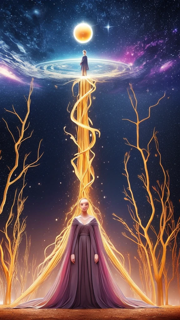 (multiple exposure:1.8),Dubrec style,Girl virtual holographic digital avatar,Futuristic magnificent starry sky image foreground,psychedelic planet,magic nebula,In space,Complex illustrations in surrealist art style,Surreal dreams,Become an invisible virtual hologram,Transparent person avatar,Virtual holographic digital image,Surreal art, 4K surrealism, Surreal portrait, Beautiful surreal portrait, hyperrealistic digital art, surreal and fantasy art, hyperrealistic digital art, surrealist portrait, Surreal art, Emotional Surreal Art, fantasy surrealism, 8k surrealism, Surreal conceptual art,The Truth": Central light source representing "The One" as the origin of everything in the universe."As Above, So Below": A tree with branches and leaves above ground and roots below, symbolizing the connection between the higher and lower realms."Alchemy Process": Transformation of base metals into gold and the evolution of the human mind."Completion of Alchemy": Transition of a sour fruit into a ripe, sweet fruit, and the personal growth of an individual gaining knowledge and skills.