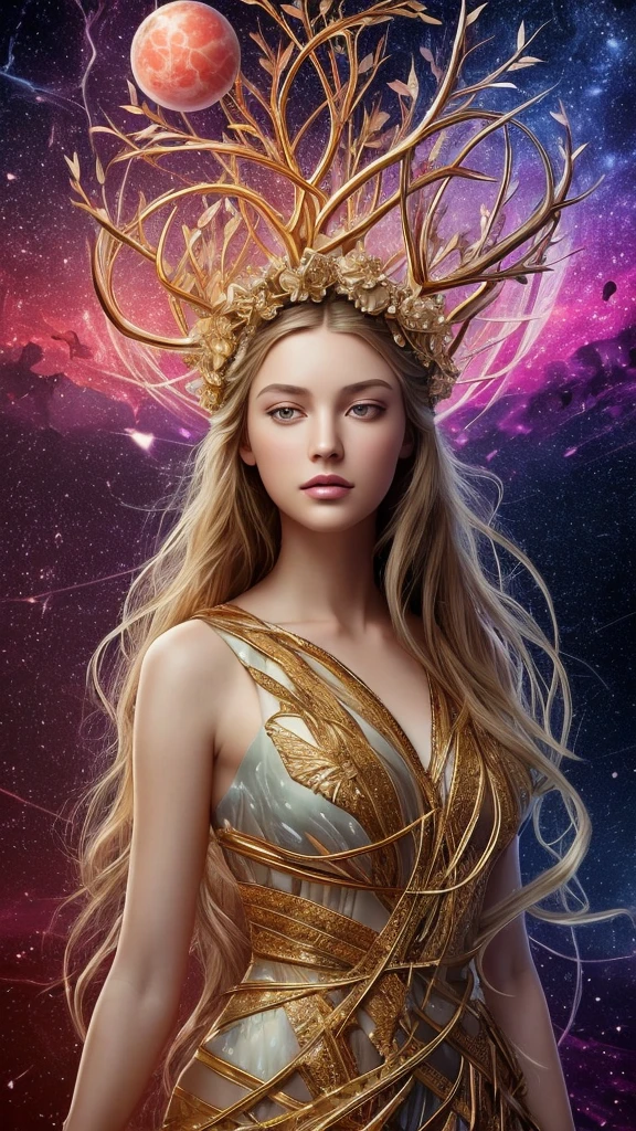 (multiple exposure:1.8),Dubrec style,Girl virtual holographic digital avatar,Futuristic magnificent starry sky image foreground,psychedelic planet,magic nebula,In space,Complex illustrations in surrealist art style,Surreal dreams,Become an invisible virtual hologram,Transparent person avatar,Virtual holographic digital image,Surreal art, 4K surrealism, Surreal portrait, Beautiful surreal portrait, hyperrealistic digital art, surreal and fantasy art, hyperrealistic digital art, surrealist portrait, Surreal art, Emotional Surreal Art, fantasy surrealism, 8k surrealism, Surreal conceptual art,The Truth": Central light source representing "The One" as the origin of everything in the universe."As Above, So Below": A tree with branches and leaves above ground and roots below, symbolizing the connection between the higher and lower realms."Alchemy Process": Transformation of base metals into gold and the evolution of the human mind."Completion of Alchemy": Transition of a sour fruit into a ripe, sweet fruit, and the personal growth of an individual gaining knowledge and skills.