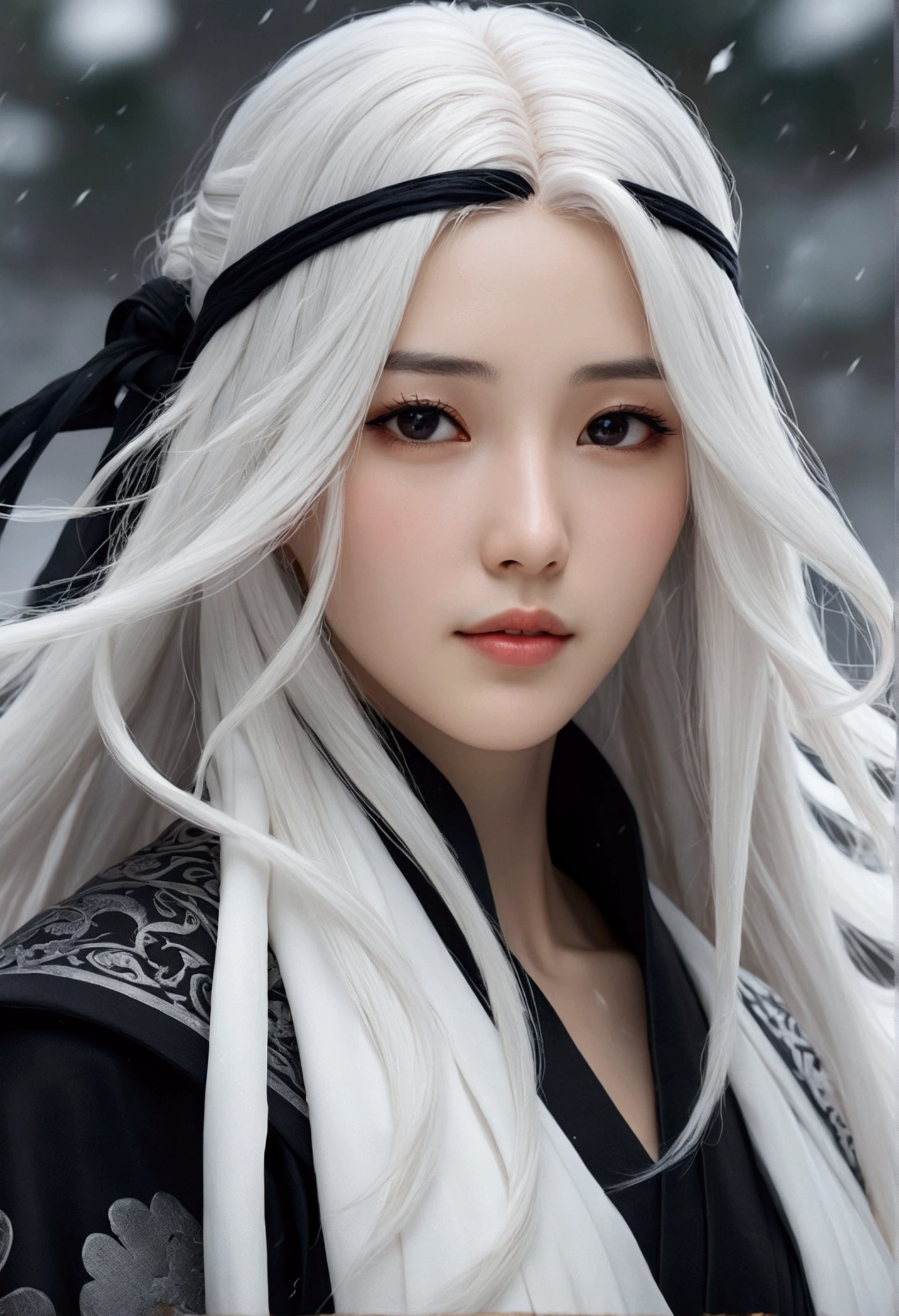 Close-up of a white-haired woman wearing a black scarf, Portrait of Yang Jian, Pixiv competition winner, Fantasy Art, White-haired deity, Beautiful character painting, artwork in the style of Gu Weiss, The sharp gaze of the Snow Girl, Gu Weiss, has long white hair, has long white hair, Long flowing hair and robes