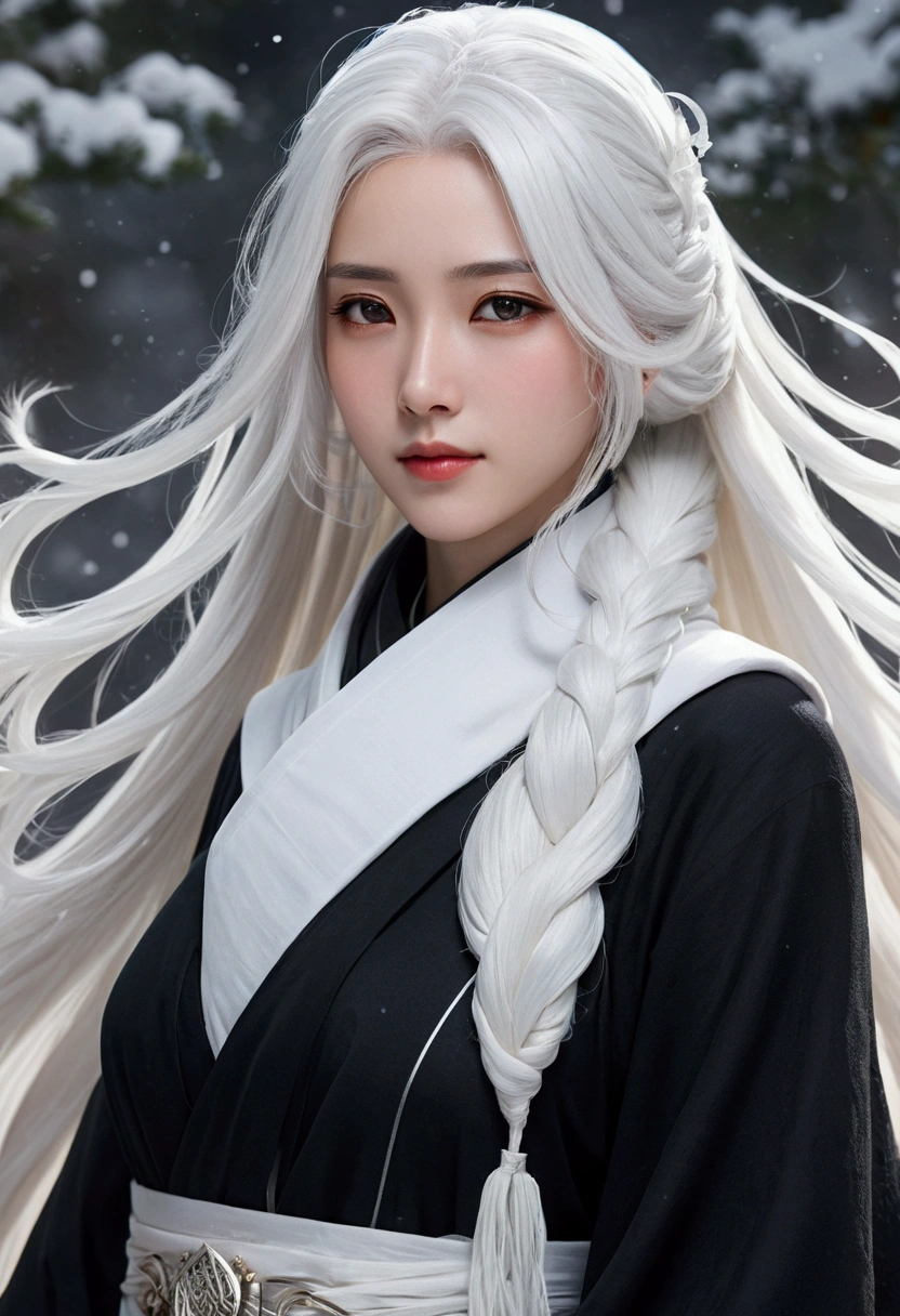 Close-up of a white-haired woman wearing a black scarf, Portrait of Yang Jian, Pixiv competition winner, Fantasy Art, White-haired deity, Beautiful character painting, artwork in the style of Gu Weiss, The sharp gaze of the Snow Girl, Gu Weiss, has long white hair, has long white hair, Long flowing hair and robes